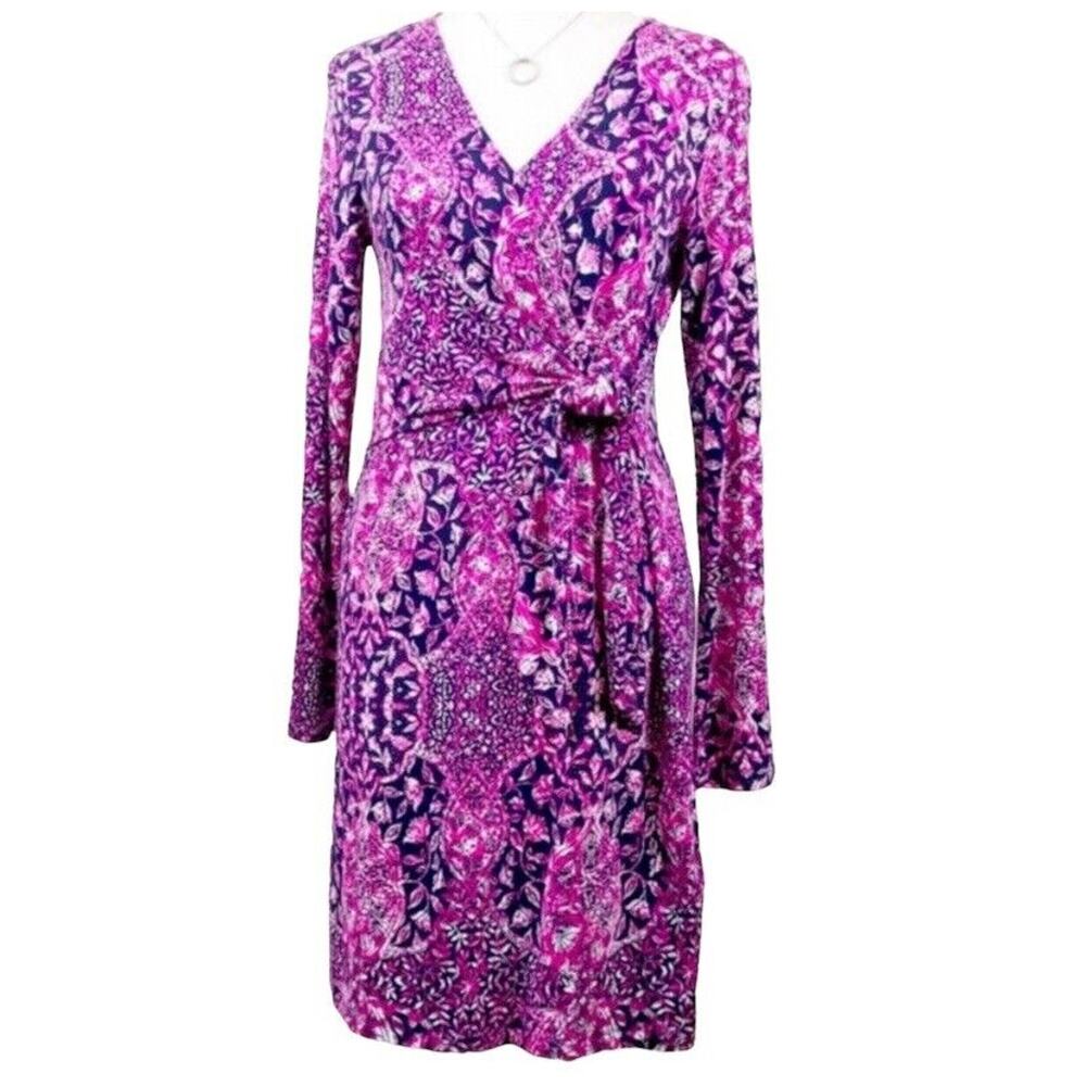 Artisan NY Pink & Navy Blue Paisley Knit Faux Wrap Dress Women's Size M